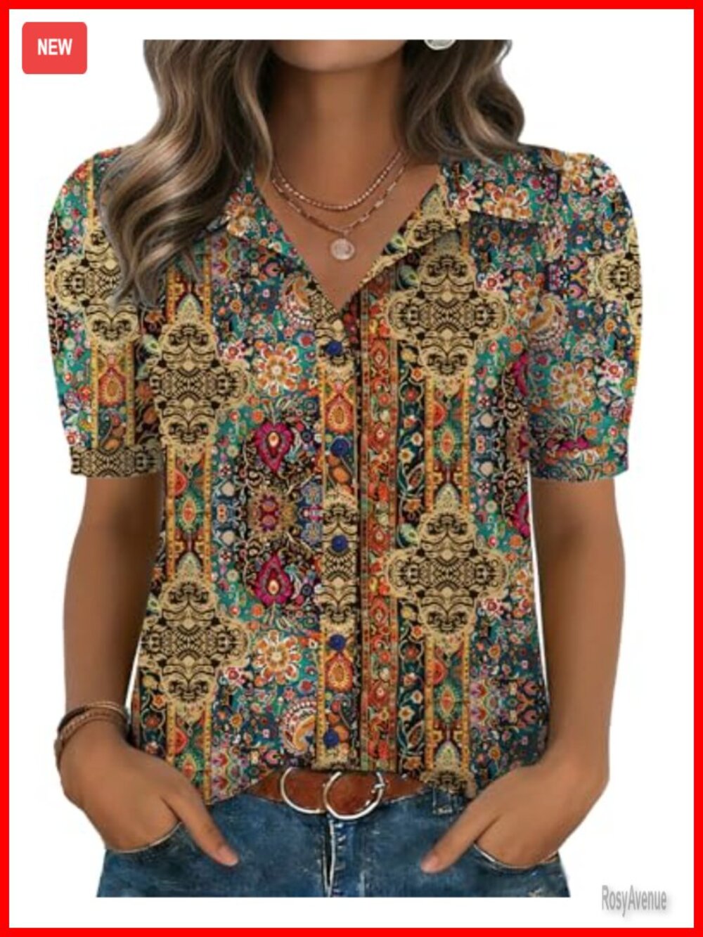 Puff Short Sleeve Chiffon Button Down Blouse V-Neck